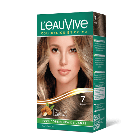 Kit de Coloración L’eau Vive# brinda brillo y color duradero a tu pelo, gracias a su fórmula con aceite de almendras dulces, presente en la coloración y el enjuague acondicionador PH ácido.