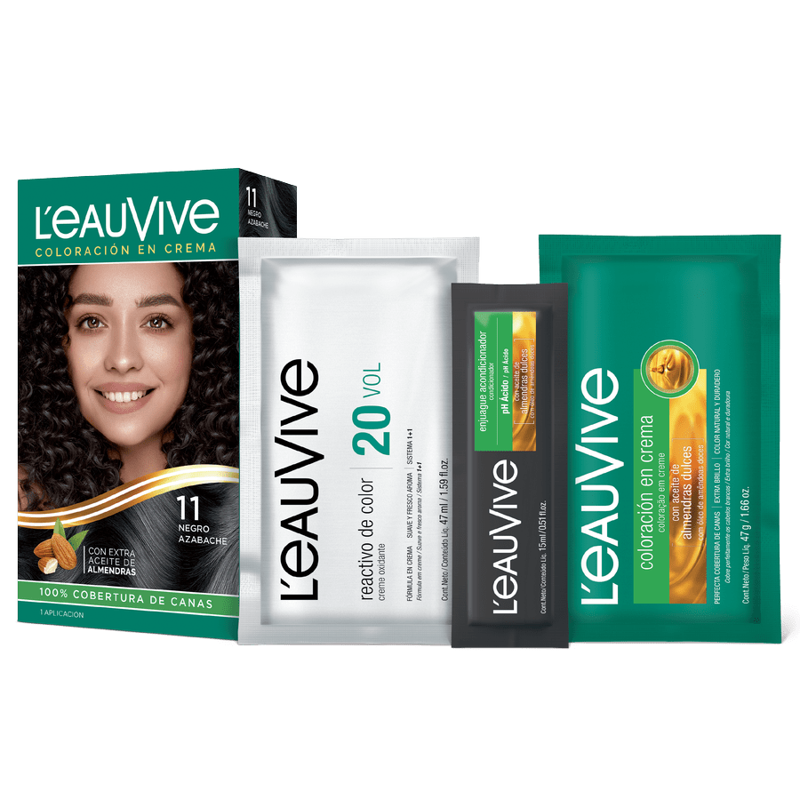 El kit de coloración L'eau Vive contiene:# Coloración permanente en crema, Activador de color en crema de 20 volúmenes, Enjuague acondicionador post-color de PH ácido, Guante.