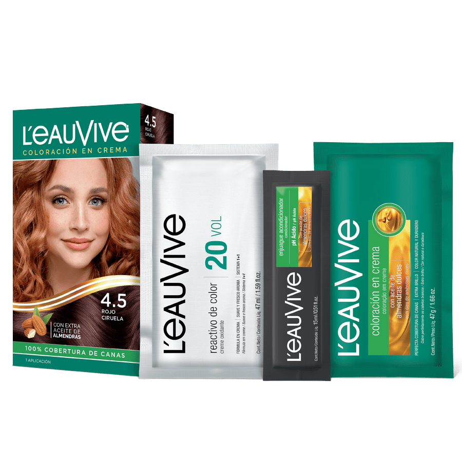 El kit de coloración L'eau Vive contiene:# Coloración permanente en crema, Activador de color en crema de 20 volúmenes, Enjuague acondicionador post-color de PH ácido, Guante.