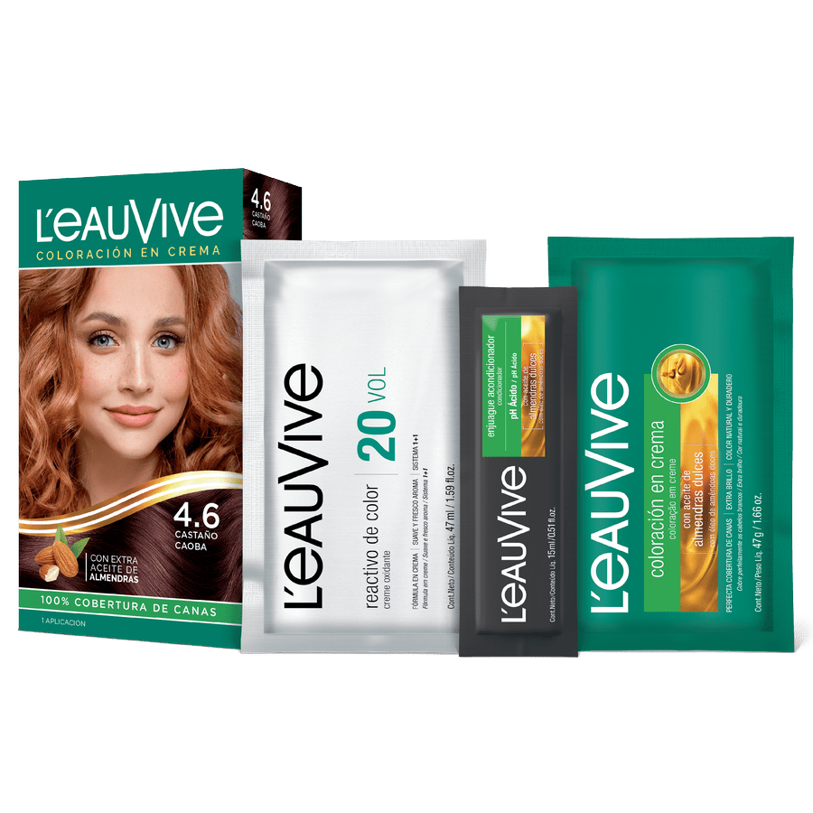 El kit de coloración L'eau Vive contiene:# Coloración permanente en crema, Activador de color en crema de 20 volúmenes, Enjuague acondicionador post-color de PH ácido, Guante.