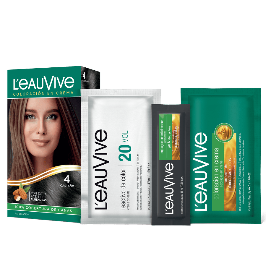 Kit de Coloración L’eau Vive# brinda brillo y color duradero a tu pelo, gracias a su fórmula con aceite de almendras dulces, presente en la coloración y el enjuague acondicionador PH ácido.