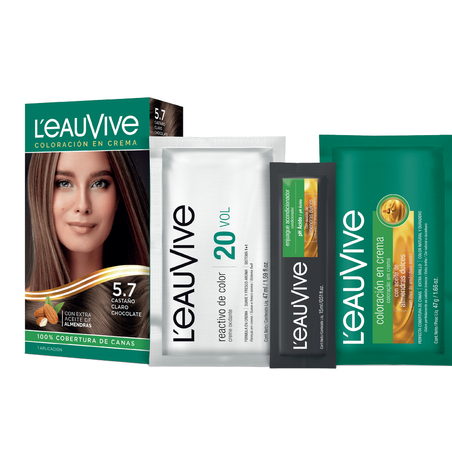 El kit de coloración L'eau Vive contiene:# Coloración permanente en crema, Activador de color en crema de 20 volúmenes, Enjuague acondicionador post-color de PH ácido, Guante.