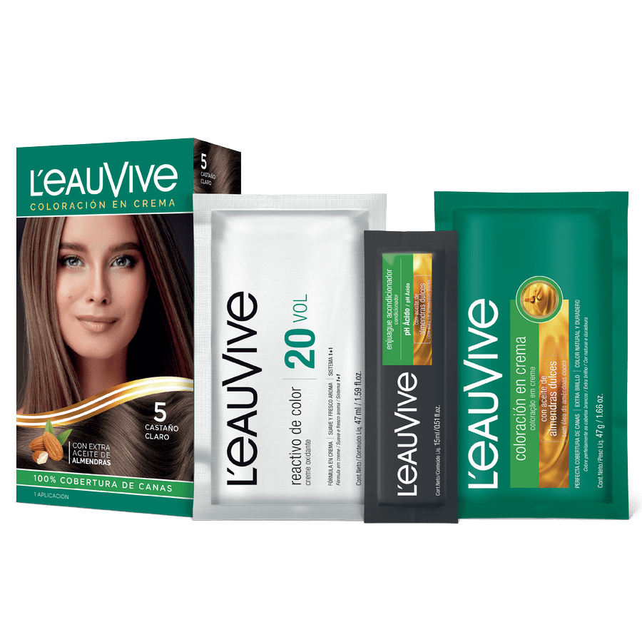 El kit de coloración L'eau Vive contiene:# Coloración permanente en crema, Activador de color en crema de 20 volúmenes, Enjuague acondicionador post-color de PH ácido, Guante.