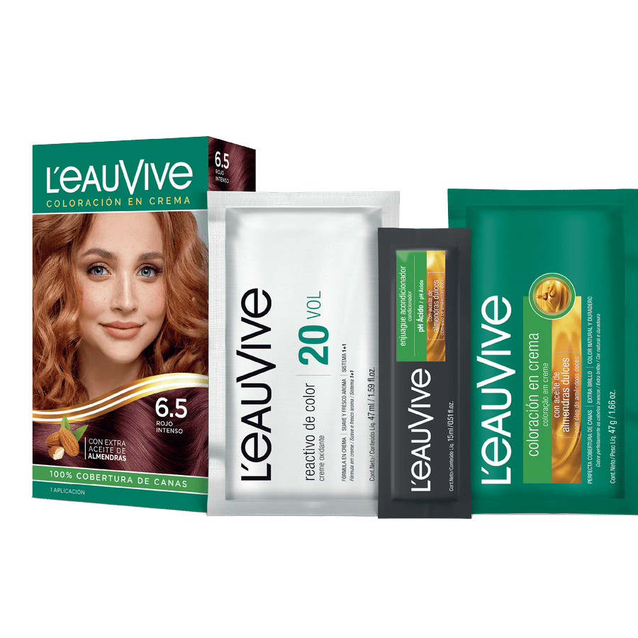 El kit de coloración L'eau Vive contiene:# Coloración permanente en crema, Activador de color en crema de 20 volúmenes, Enjuague acondicionador post-color de PH ácido, Guante.