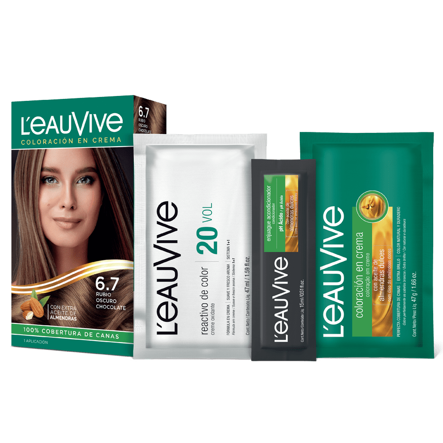 El kit de coloración L'eau Vive contiene:# Coloración permanente en crema, Activador de color en crema de 20 volúmenes, Enjuague acondicionador post-color de PH ácido, Guante.