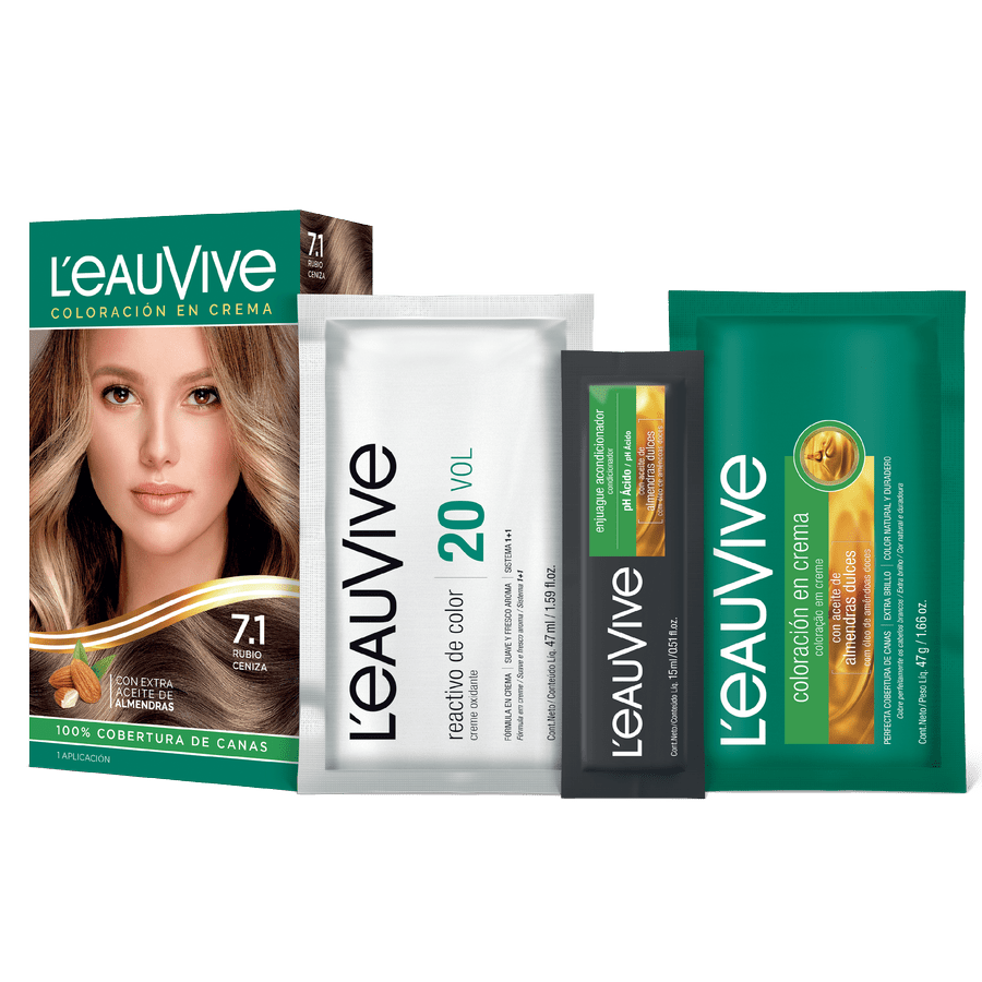 El kit de coloración L'eau Vive contiene:# Coloración permanente en crema, Activador de color en crema de 20 volúmenes, Enjuague acondicionador post-color de PH ácido, Guante.