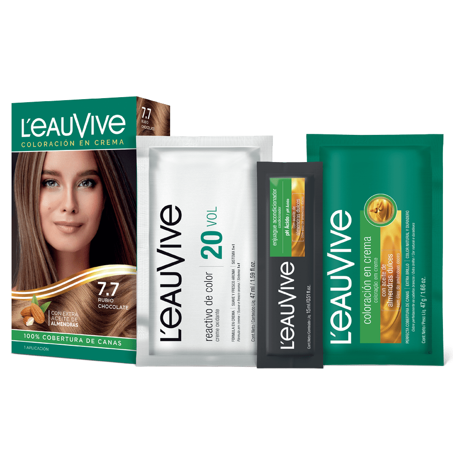El kit de coloración L'eau Vive contiene:# Coloración permanente en crema, Activador de color en crema de 20 volúmenes, Enjuague acondicionador post-color de PH ácido, Guante.