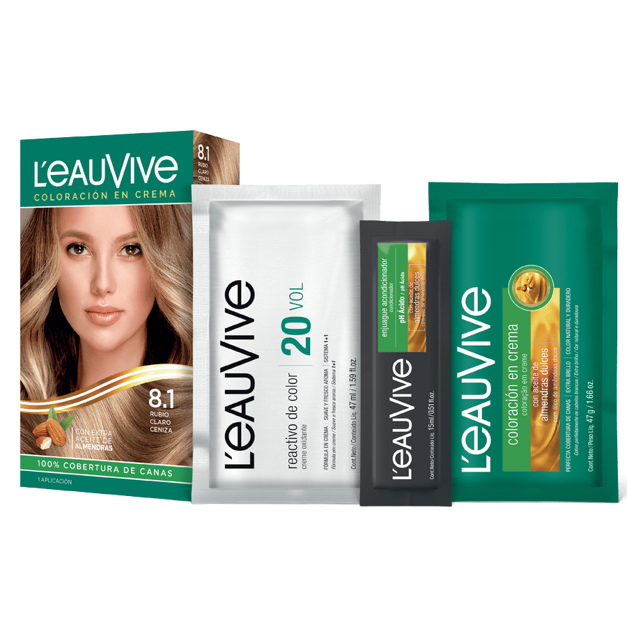 El kit de coloración L'eau Vive contiene:# Coloración permanente en crema, Activador de color en crema de 20 volúmenes, Enjuague acondicionador post-color de PH ácido, Guante.