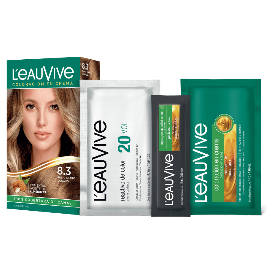 El kit de coloración L'eau Vive contiene:# Coloración permanente en crema, Activador de color en crema de 20 volúmenes, Enjuague acondicionador post-color de PH ácido, Guante.