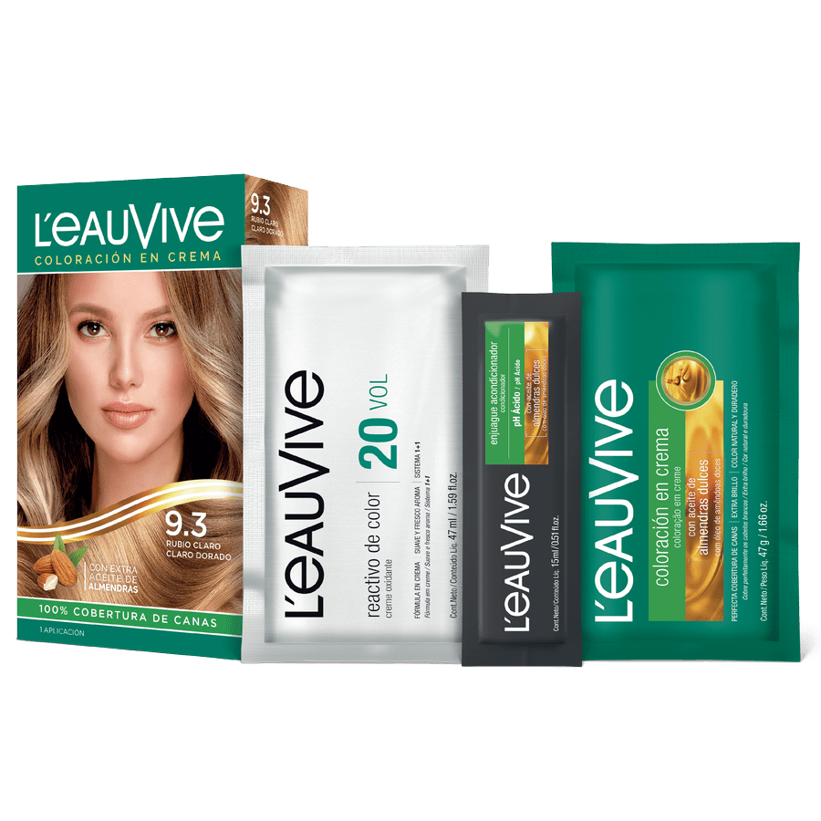 El kit de coloración L'eau Vive contiene:# Coloración permanente en crema, Activador de color en crema de 20 volúmenes, Enjuague acondicionador post-color de PH ácido, Guante.