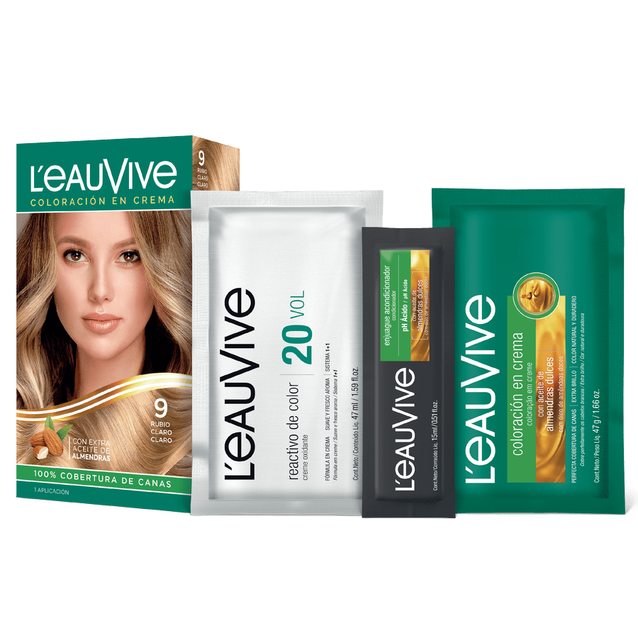 El kit de coloración L'eau Vive contiene:# Coloración permanente en crema, Activador de color en crema de 20 volúmenes, Enjuague acondicionador post-color de PH ácido, Guante.