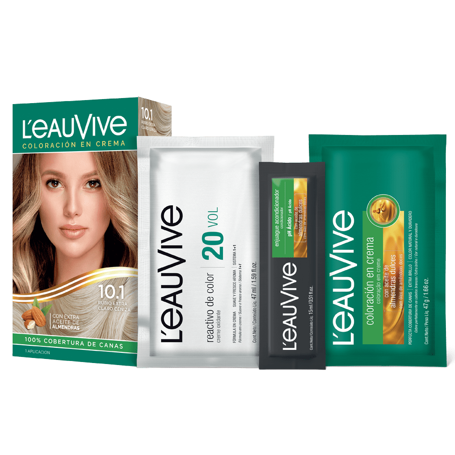 El kit de coloración L'eau Vive contiene:# Coloración permanente en crema, Activador de color en crema de 20 volúmenes, Enjuague acondicionador post-color de PH ácido, Guante.